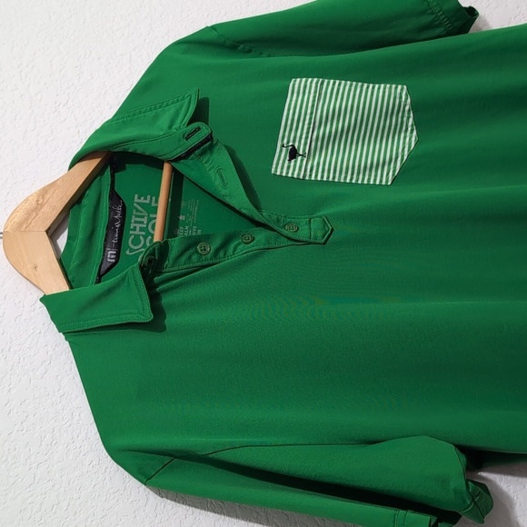 Travis Mathew Chive Golf Green Polo Stripe Chest Pocket men's size Large - Picture 2 of 7